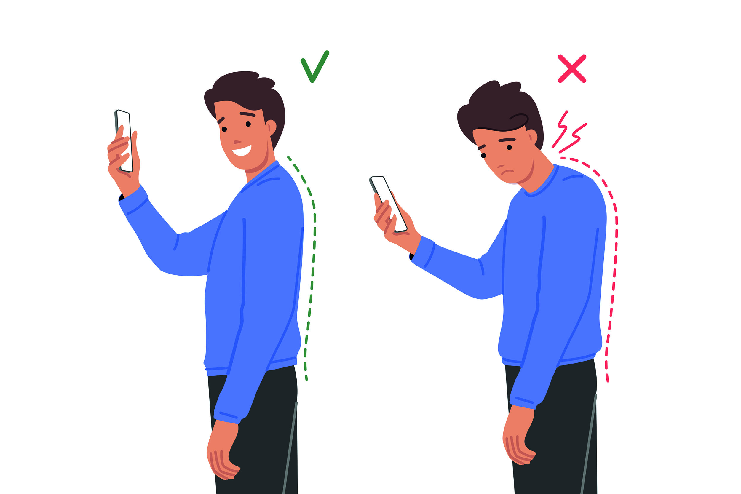 Przykład w jaki sposób powinniśmy patrzeć w telefon, aby się nie garbić 