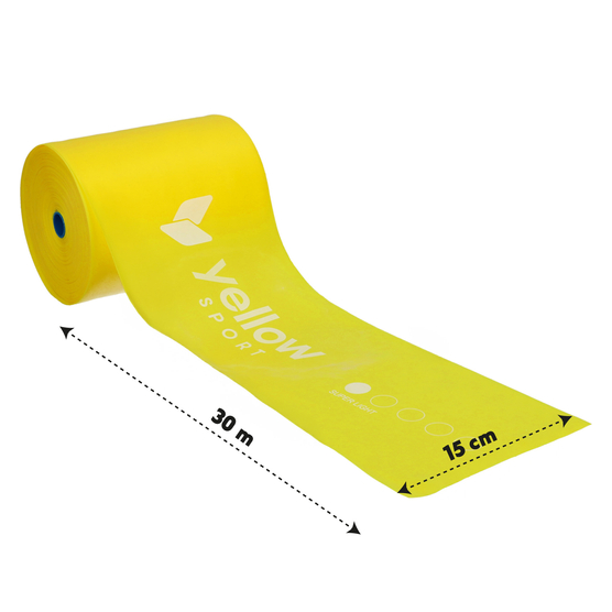 yellowFLAT Band - Taśma TPE do ćwiczeń i fizjoterapii - W rolce, do cięcia - Żółta - 15 cm x 30 m - Opór 1-2 kg