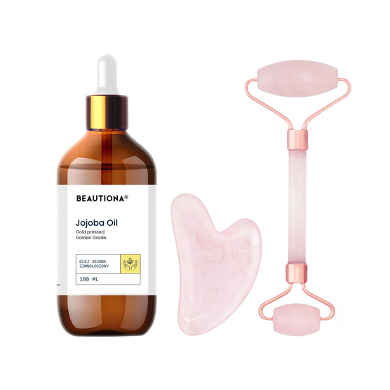 Zestaw do masażu twarzy - kamień Gua Sha + kwarcowy wałek do masażu + olej jojoba