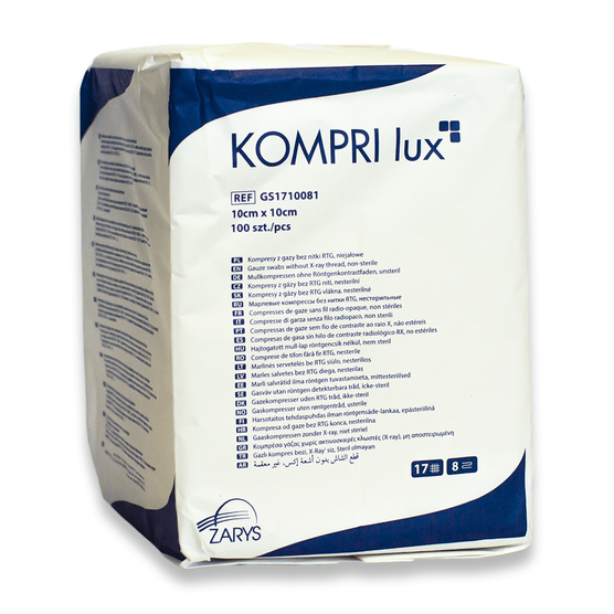 ZARYS KOMPRI LUX - Kompres z gazy niesterylny, bez nitki RTG, 17N, 8W, 10 cm x 10 cm - 100 szt.