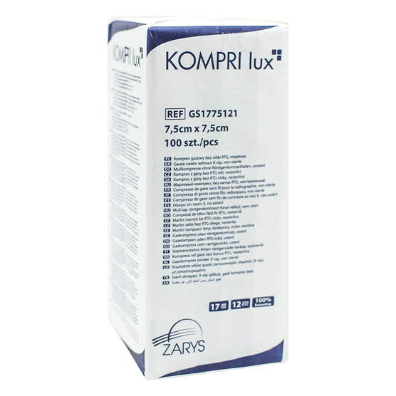 ZARYS KOMPRI LUX - Kompres z gazy niesterylny, bez nitki RTG, 17N, 12W, 7,5 cm x 7,5 cm - 100 szt.
