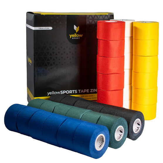 yellowSPORTS TAPE ZINK - Taśma sztywna do tapingu - Z tlenkiem cynku - 3,8 cm x 9,1 m - Mix kolorów (zielony, niebieski, czarny, czerwony, żółty) -  Opakowanie 36 szt.