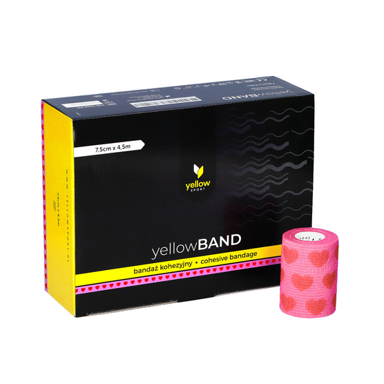 yellowSPORT yellowBAND - Bandaż kohezyjny - 7,5 cm x 4,5 m - Różowy w serca - Opakowanie 12 szt.