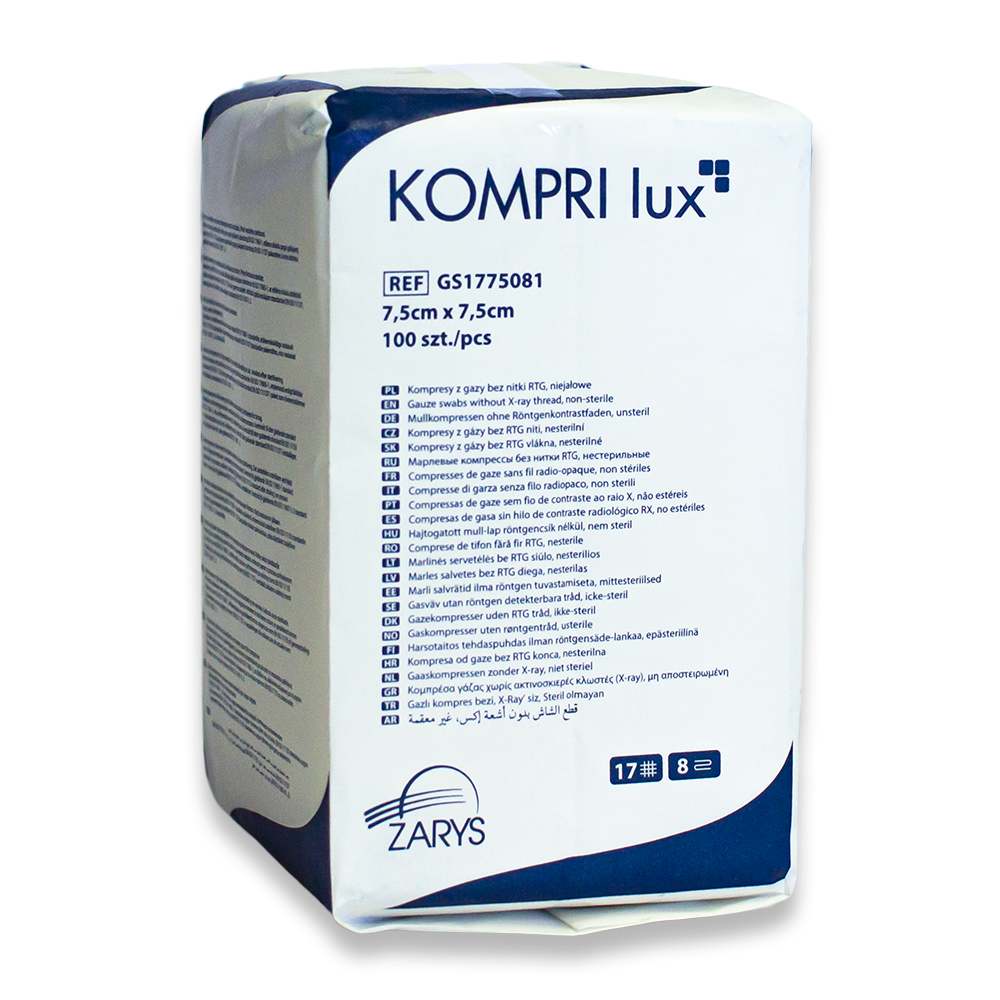 Kompresy gazowe niejałowe KOMPRI lux 7,5cm x 7,5cm
